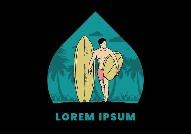 Vector el hombre sin camisa que sostiene la ilustración de la tabla de surf