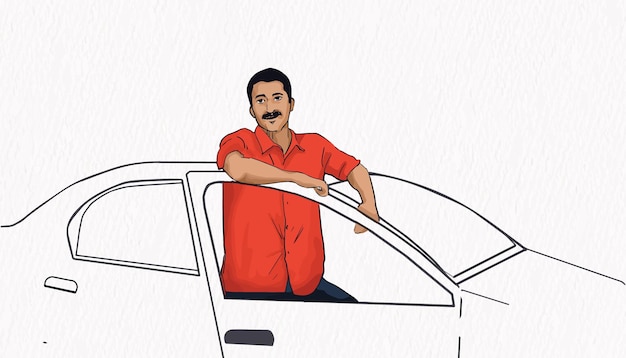 Un hombre con una camisa roja está parado en un auto y sonríe dibujando líneas e ilustrando