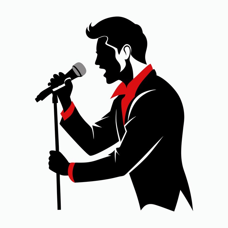 Vector un hombre con una camisa roja y un micrófono frente a un micró fono