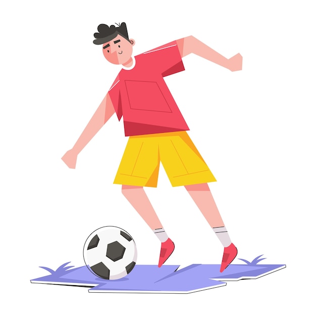 Vector un hombre con una camisa roja y pantalones cortos amarillos patea una pelota de fútbol.