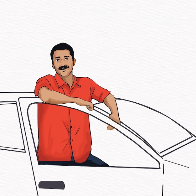 Vector un hombre con una camisa roja está parado en un auto y sonríe dibujando líneas e ilustrando