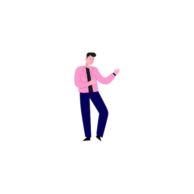 un hombre con una camisa rosa está bailando en un fondo blanco