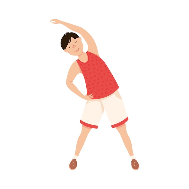 Hombre en camiseta de entrenamiento y pantalones cortos en el gimnasio haciendo ejercicio físico e ilustración vectorial de entrenamiento