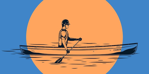 Un hombre en canoa en una ilustración vectorial de un río