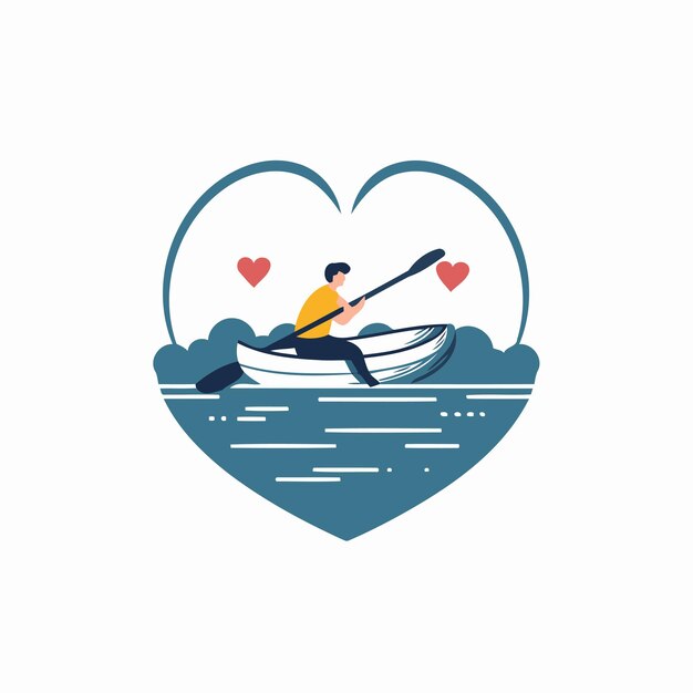 Hombre en una canoa con una paleta en forma de corazón Ilustración vectorial
