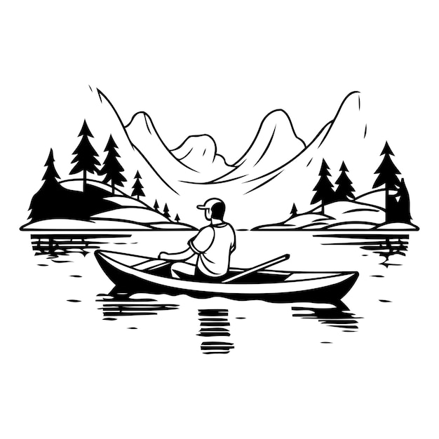 Hombre en una canoa remando en el lago Ilustración vectorial