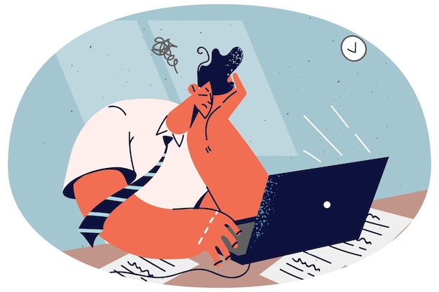 Hombre cansado abrumado por el trabajo de la computadora