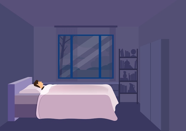 Hombre cansado durmiendo en su dormitorio Concepto de descanso Ilustración de vector de diseño plano