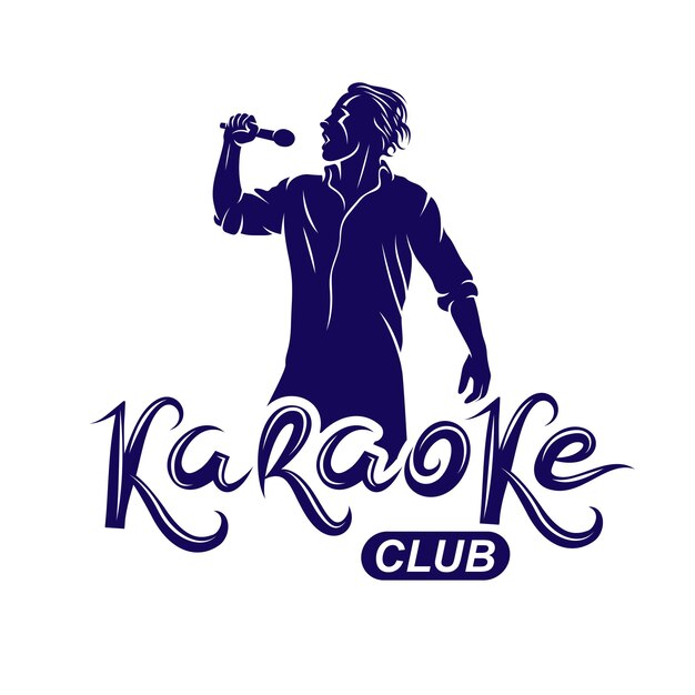 El hombre canta karaoke, el maestro de ceremonias del club de karaoke muestra un emblema vectorial publicitario compuesto por equipo de audio de micrófono y notas musicales.