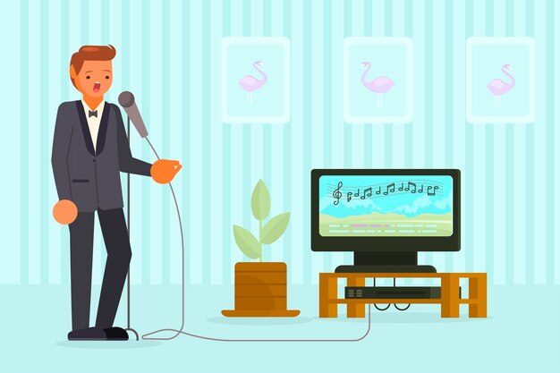 Hombre cantando ilustración de vector de karaoke en estilo plano