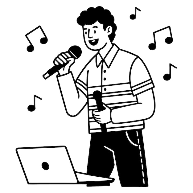 Un hombre cantando sosteniendo un micrófono en la mano con elementos musicales vectoriales sobre fondo blanco