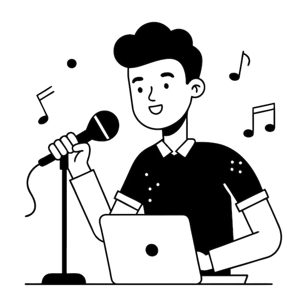 Un hombre cantando sosteniendo un micrófono en la mano con elementos musicales vectoriales sobre fondo blanco