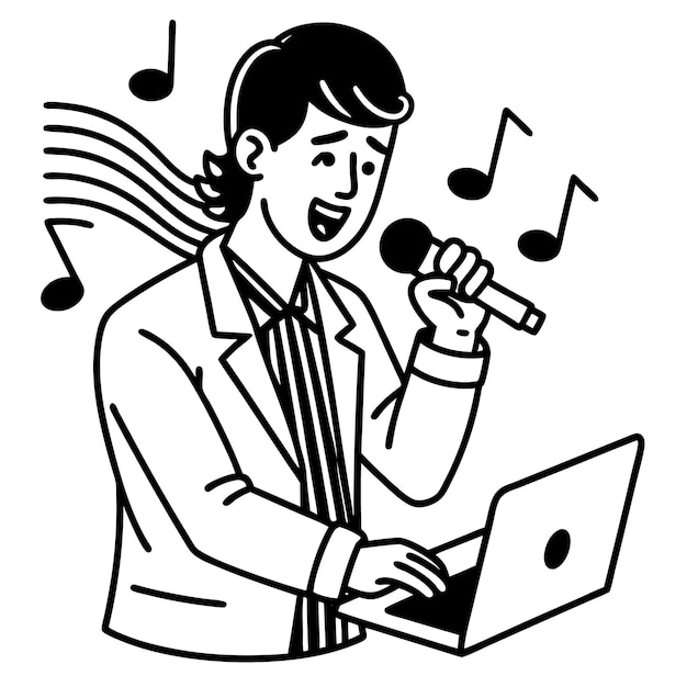 Un hombre cantando sosteniendo un micrófono en la mano con elementos musicales vectoriales sobre fondo blanco