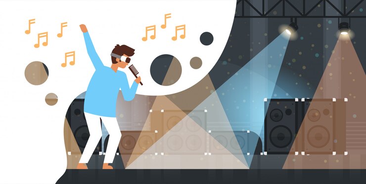 Vector hombre cantante usar gafas de realidad virtual sostenga el micrófono en el escenario con efectos de luz discoteca estudio equipo musical vr vision auriculares innovación
