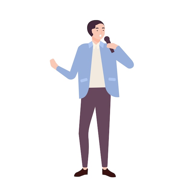 Hombre cantante, vocalista de jazz, soul o blues con traje elegante y balada cantando en micrófono. Personaje de dibujos animados masculino divertido lindo interpretando la canción en el escenario. Ilustración de vector colorido de dibujos animados plana.