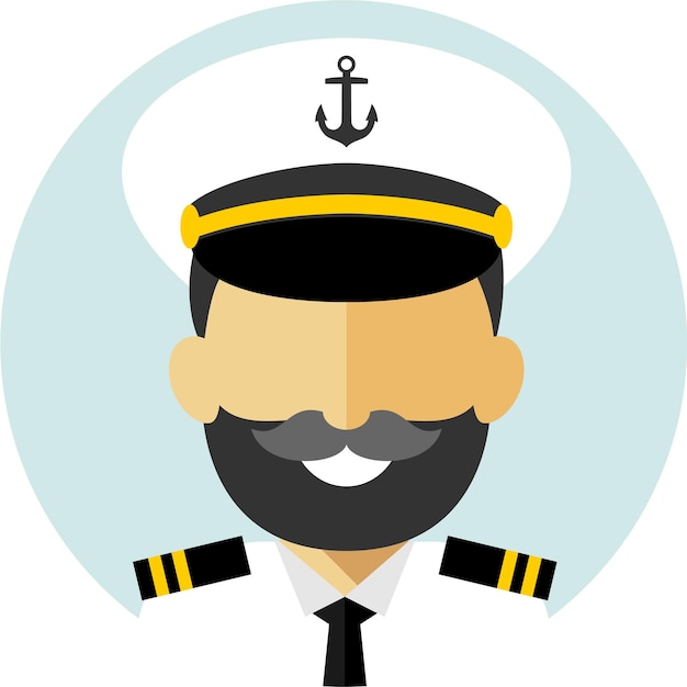 Vector hombre capitán de barco en uniforme marino y gorra con barba icono redondo avatar cara de retrato en estilo plano