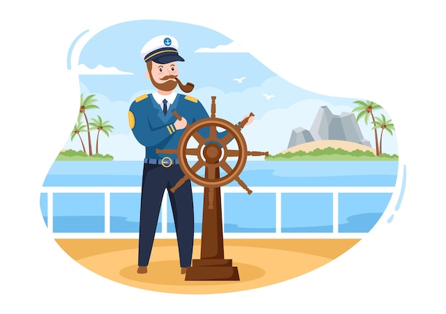 Vector hombre capitán de cruceros ilustración de dibujos animados en uniforme de marinero en el puerto