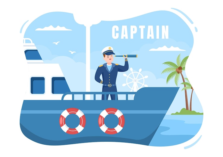 Vector hombre capitán de cruceros ilustración de dibujos animados en uniforme de marinero en el puerto