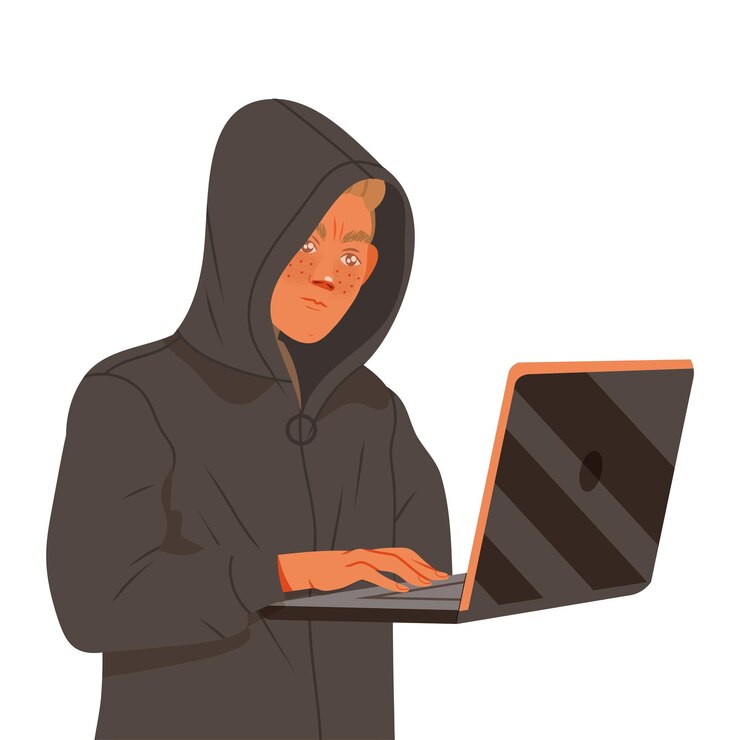 Vector hombre con capucha en la computadora portátil rompiendo el código del sitio web ilustración vectorial