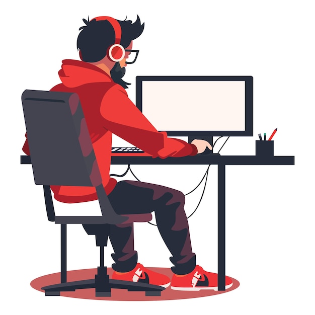 Vector un hombre con una capucha roja se sienta en una computadora con una computadora y una ilustración de monitor