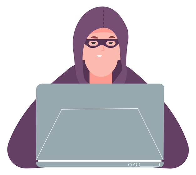 Hombre con capucha trabajando en una computadora portátil Happy hacker Cyber criminal