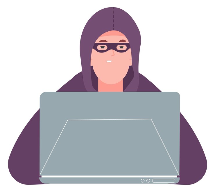 Vector hombre con capucha trabajando en una computadora portátil happy hacker cyber criminal