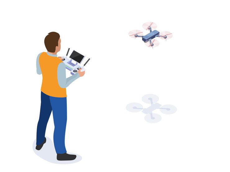 Vector hombre de carácter isométrico con panel de control de drone y drone volador. ilustración aislada sobre fondo blanco. ilustración de vector plano isométrico.
