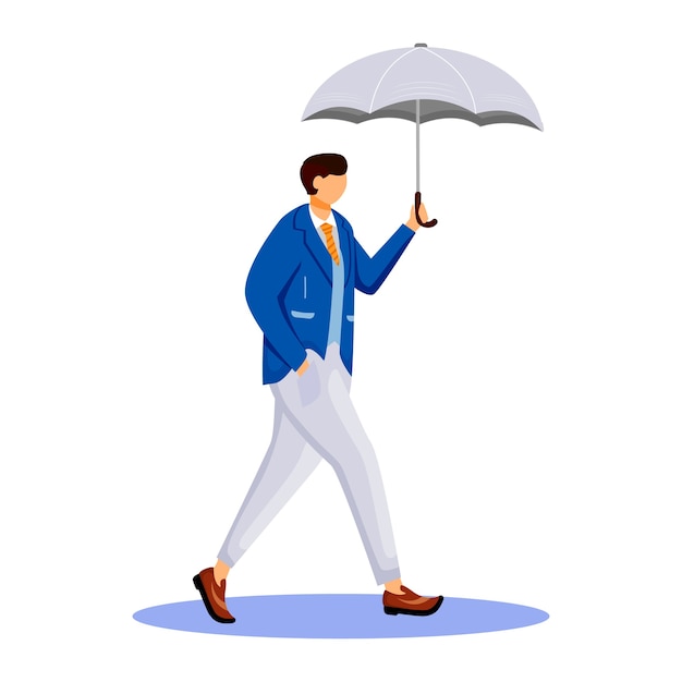 Hombre de carácter sin rostro chaqueta color plano. Clima lluvioso. Día húmedo de otoño. Hombre con paraguas. Caminando chico caucásico en traje aislado ilustración de dibujos animados sobre fondo blanco.