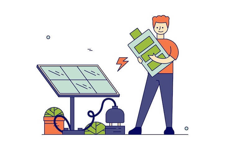 Vector hombre cargando la batería usando un panel solar