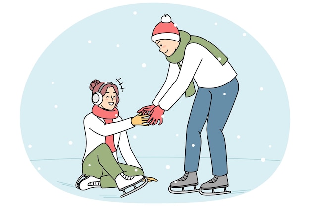 Hombre cariñoso ayuda a la mujer en la pista de hielo
