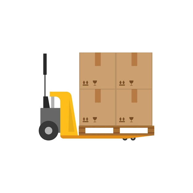 Un hombre con una carretilla elevadora manual con una paleta de cajas en ella Ilustración vectorial