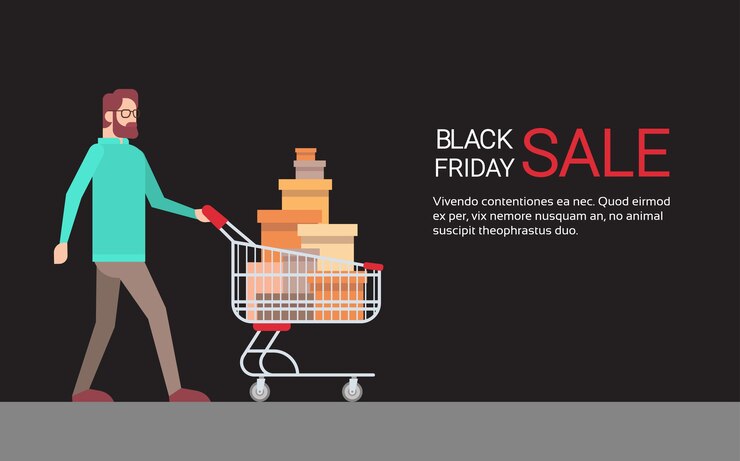 Vector hombre con carro de compras gran pancarta de viernes negro