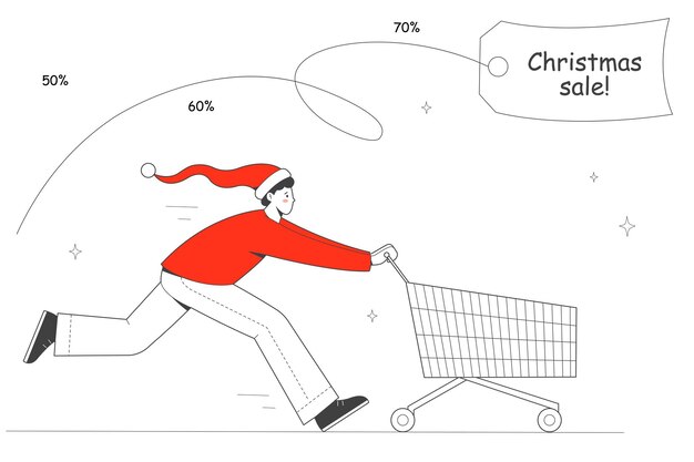 Hombre con carro corriendo a descuento para Navidad Compras para año nuevo Concepto de venta de Navidad