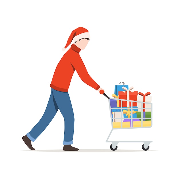 Hombre con carro lleno de regalos