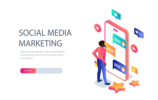 Hombre cartel de marketing de redes sociales cerca del teléfono inteligente con mensajes y estrellas clasificando y calificando