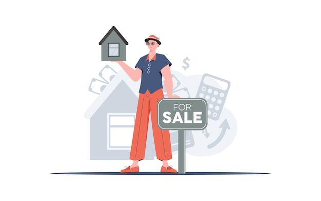 Un hombre con un cartel de venta sostiene una pequeña casa en sus manos Concepto de venta de bienes raíces estilo moderno Ilustración vectorial