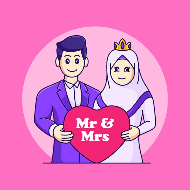 hombre casado y mujer trayendo ilustración de vector de amor. linda boda islámica de dibujos animados