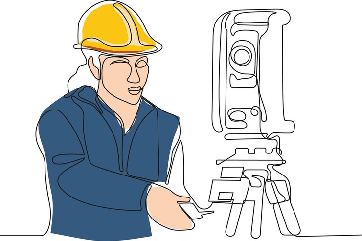 Vector un hombre con casco está mirando una cámara en un trípode.