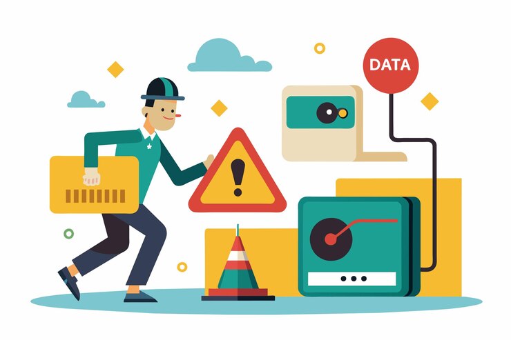 Vector un hombre con un casco fuerte llevando una caja en un sitio de construcción datos no seguros datos robados ilustración vectorial plana simple y minimalista