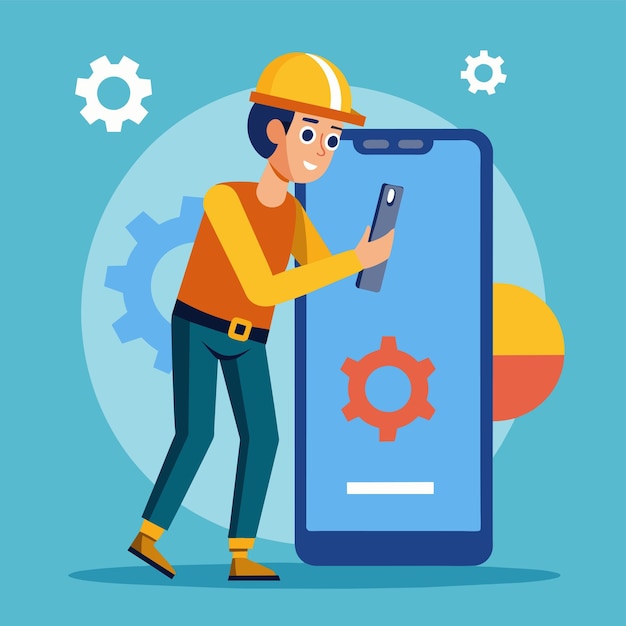Un hombre con un casco fuerte sosteniendo un teléfono celular probablemente arreglando un error de software en el dispositivo el trabajador está reparando un error software de teléfono celular Ilustración vectorial plana simple y minimalista