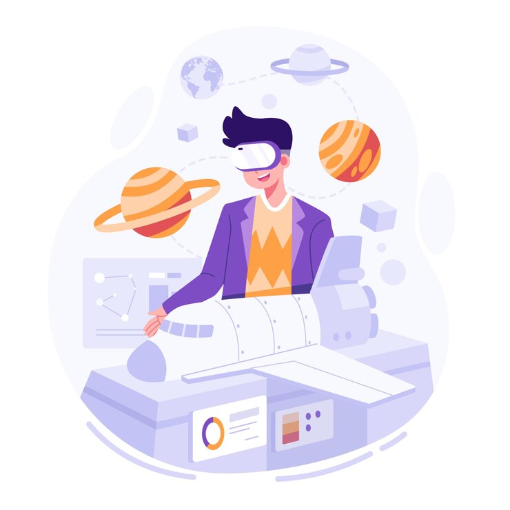 Un hombre con casco de realidad virtual se sienta en un escritorio con planetas y planetas a su alrededor.