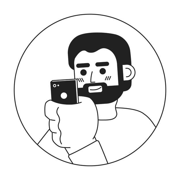 Hombre caucásico barbudo mirando el teléfono ilustración vectorial en 2D en blanco y negro sosteniendo una barba móvil contorno de personaje de dibujos animados adulto europeo cara aislada retrato plano de usuario de redes sociales