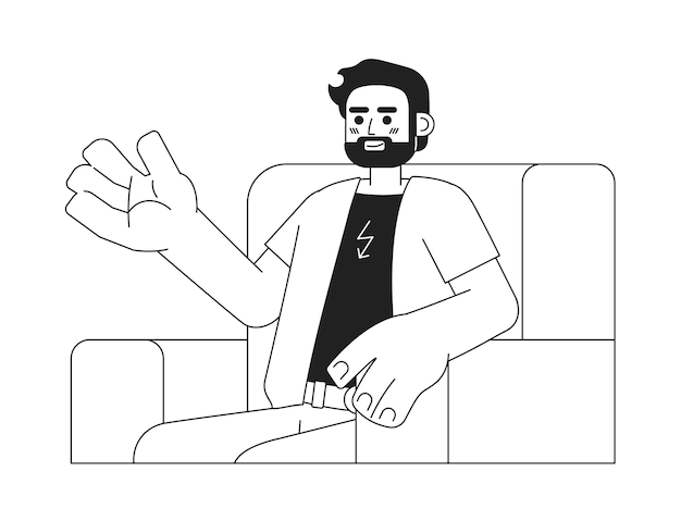 Hombre caucásico barbudo sentado en un sillón personaje de dibujos animados en 2D en blanco y negro discutiendo hombre adulto con contorno vectorial aislado persona comunicación cómoda ilustración de punto plano monocromático