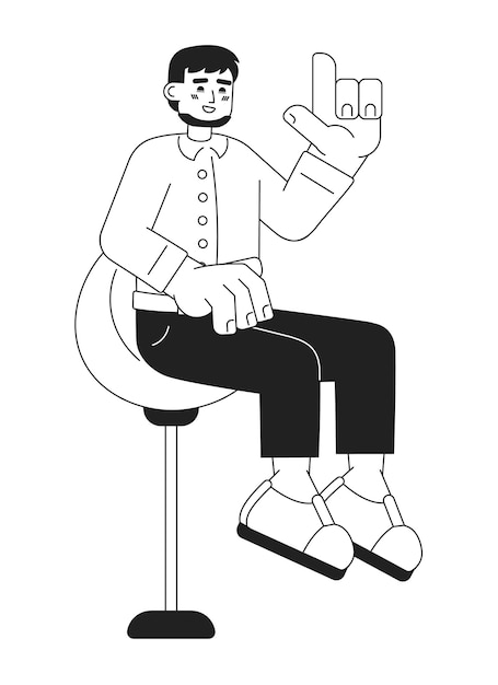 Hombre caucásico barbudo sentado en un taburete giratorio de bar negro y blanco personaje de dibujos animados 2D chico europeo taburete de bar contorno vectorial aislado persona levantando el dedo índice ilustración de punto plano monocromático