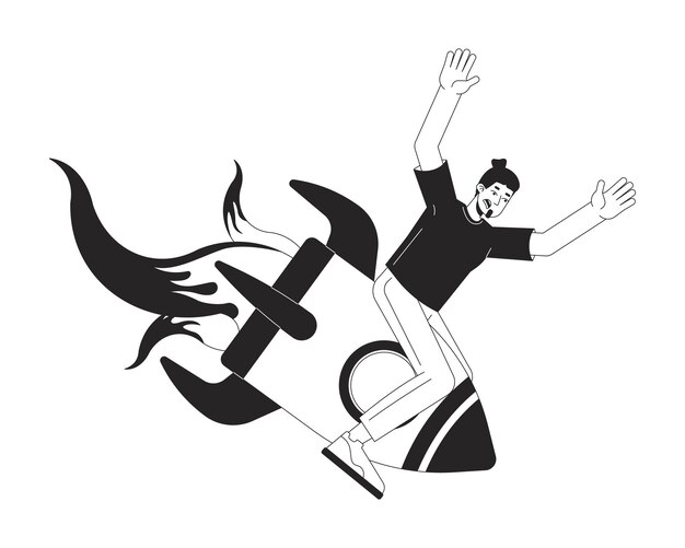 Hombre caucásico cayendo en un cohete personaje de línea 2D en blanco y negro