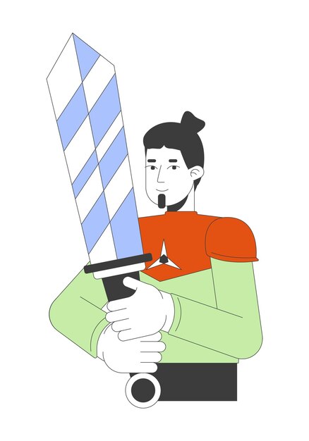 Hombre caucásico con una espada personaje de dibujos animados lineal en 2D