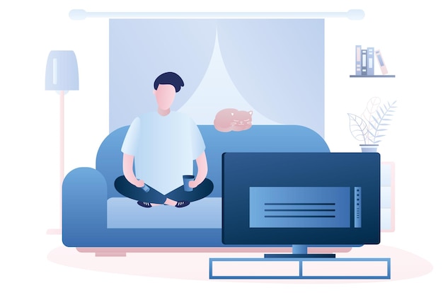 El hombre caucásico está sentado en el sofá y viendo la televisión en el interior de la sala de estar, vector de personajes masculinos
