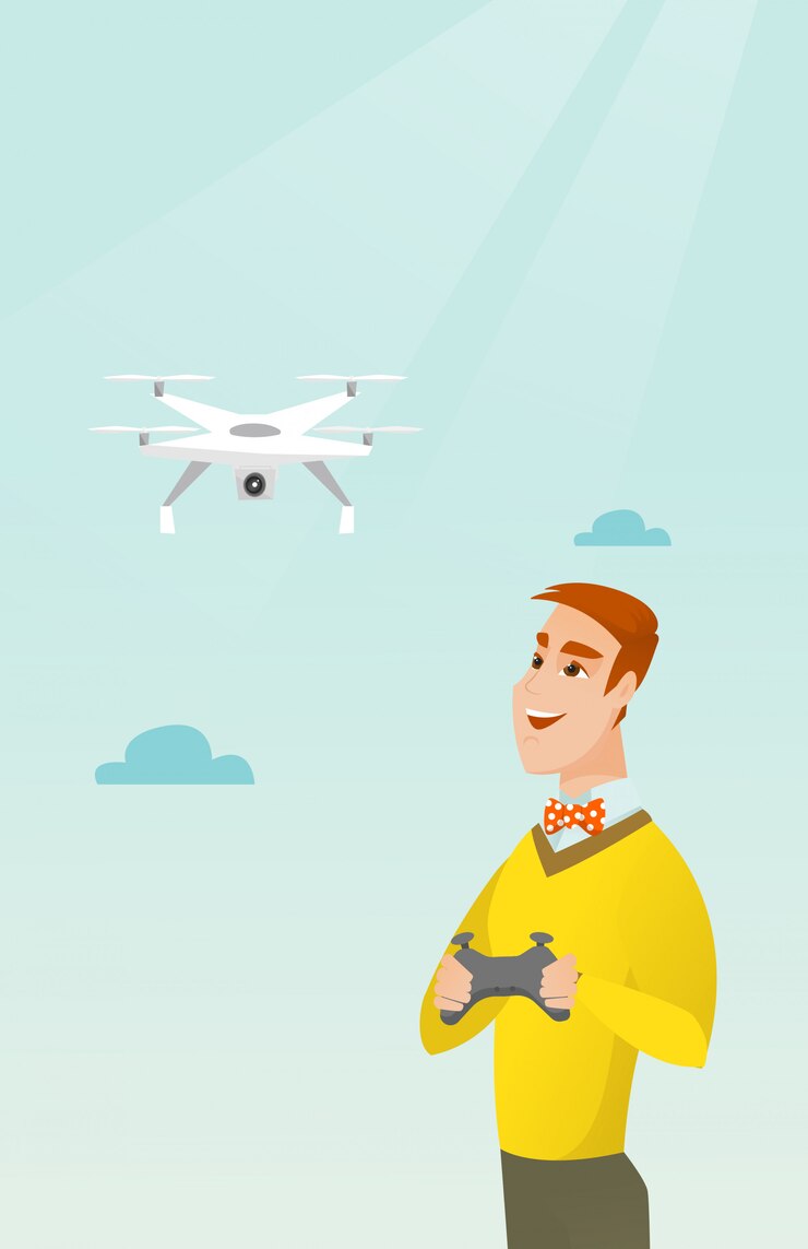 Vector hombre caucásico joven volando drone