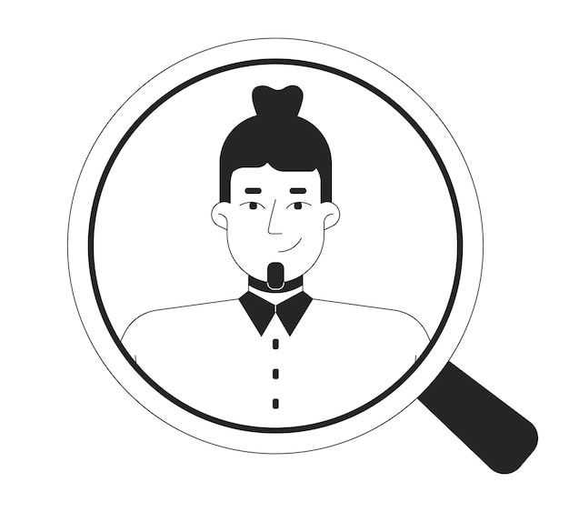 Hombre caucásico positivo vista a través de una lupa personaje de línea 2D en blanco y negro