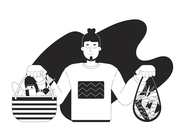 Hombre caucásico con productos en bolsas reutilizables ilustración plana de dibujos animados en blanco y negro